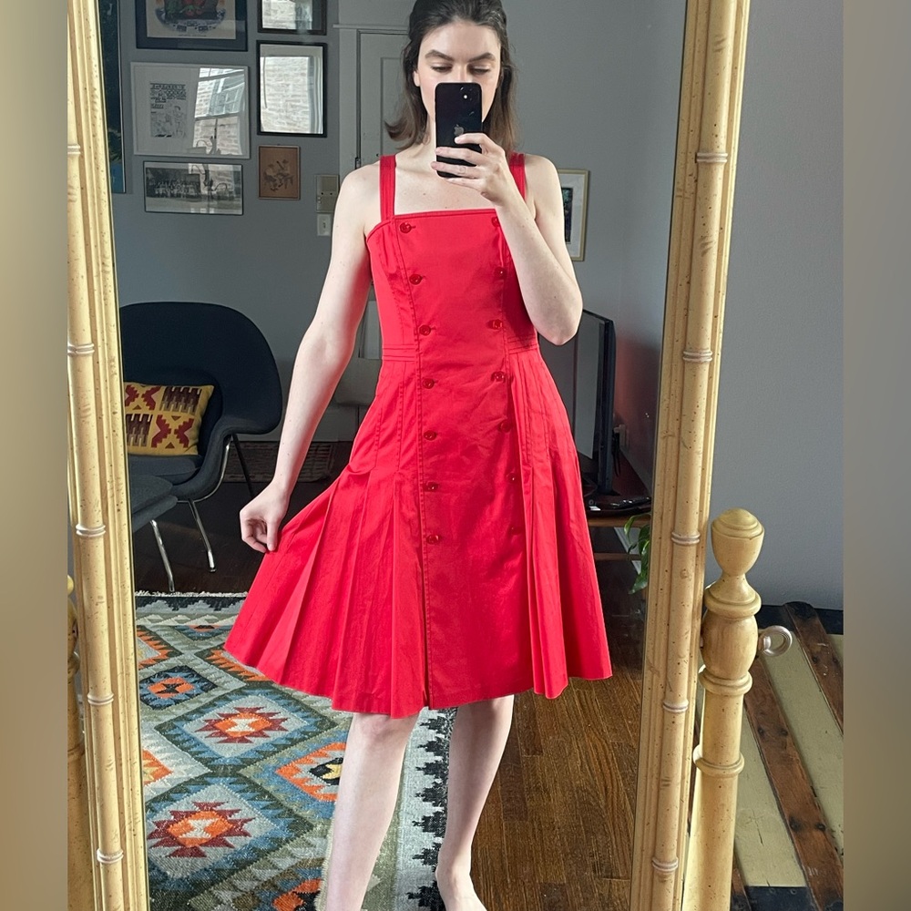 Escada Red Double-Breasted Pleated Structured Dress Sundress